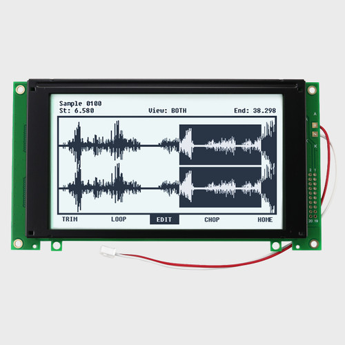 Front view of a 240x128 pixel graphic LCD showing an audio waveform made of dark pixels on a backlit white screen, with a backlight power cable wrapping around the bottom.