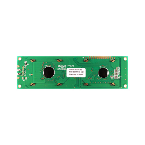 Backside view of a circuit board with various components and a white label featuring the display's model number (NHD-0220AZ-FL-YBW).