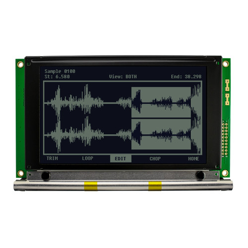 Front view of a 240x128 pixel graphic LCD showing an audio waveform made of white pixels on an unlit FSTN- black screen.