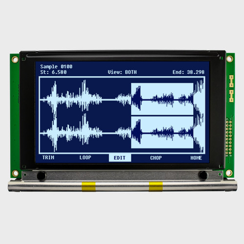 Front view of a 240x128 pixel graphic LCD showing an audio waveform made of backlit white pixels on a black screen.