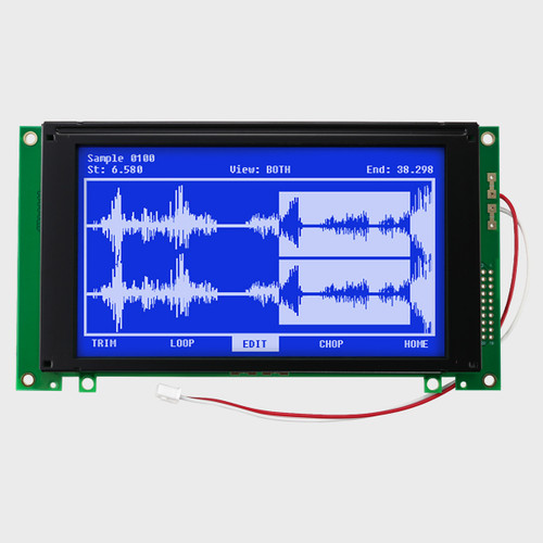 Front view of a 240x128 pixel graphic LCD showing an audio waveform made of backlit white pixels on a dark blue screen.