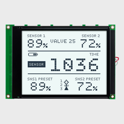 Front view of a 320x240 graphic LCD showing sensor readouts with dark pixels on a backlight white background.
