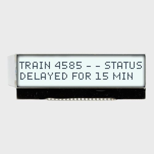 Front view of a 20x2 character LCD without an attached PCB, showing dark text on a backlit white screen.