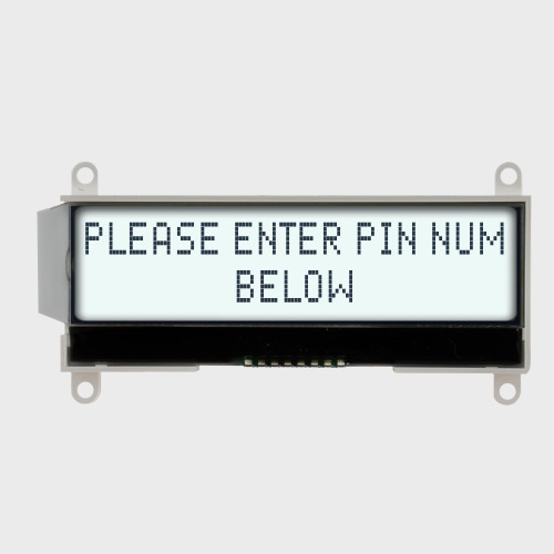 Front view of a 20x2 character LCD without an attached PCB, showing dark text on a backlit white screen.