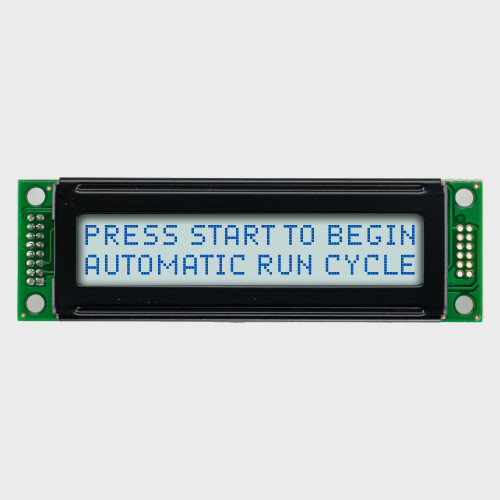 Front view of a 20x2 character LCD with a backlit white screen showing a prompt to start a machine in dark text.