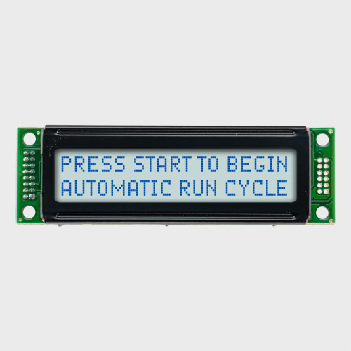 Front view of a 20x2 character LCD with a backlit white screen showing dark text.