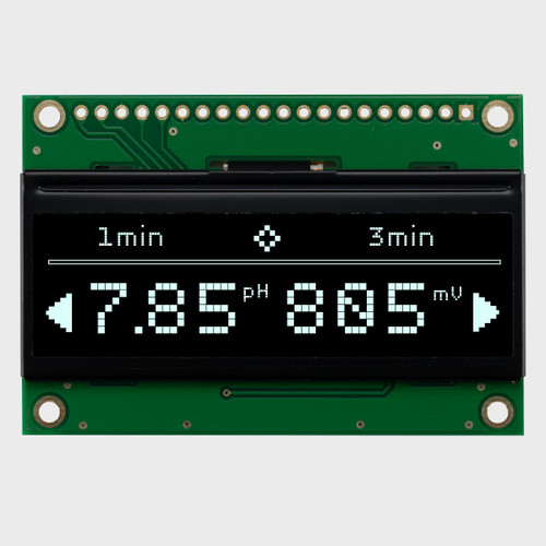 Front view of an OLED module with a 128x32 pixel display on a green PCB, showing a monochrome white informational readout.