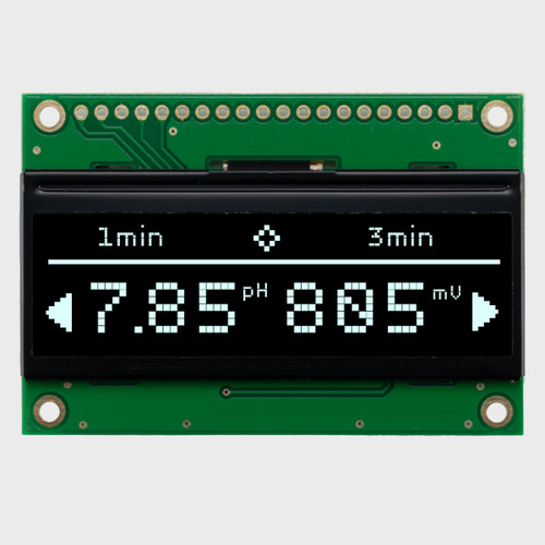 Front view of a 128x32 pixel monochrome white graphic OLED display on a green PCB showing a simple informational readout.