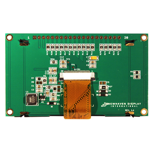 Backside of a green OLED module PCB showcasing various components and the 1x20 thru hole connection points.