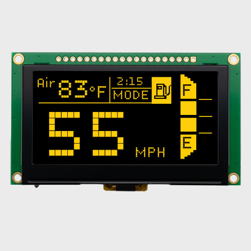 Front view of an OLED module with a 128x64 pixel display on a green PCB, showing a monochrome yellow informational readout.
