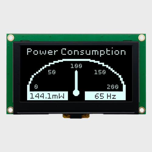 Front view of a 128x64 pixel monochrome white graphic OLED display on a green PCB showing a simple power meter readout.