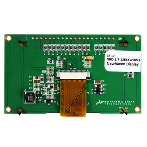 Backside of a green OLED module PCB showcasing various components, the 1x20 thru hole connection points, and a white lable with the model number (NHD-2.7-12864WDW3) printed in black.