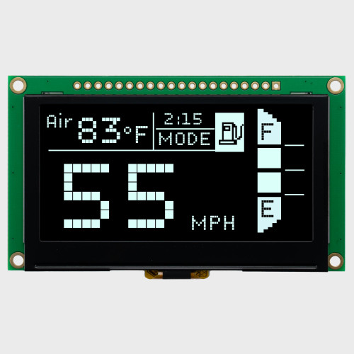 Front view of an OLED module with a 128x64 pixel display on a green PCB, showing a monochrome white informational readout.
