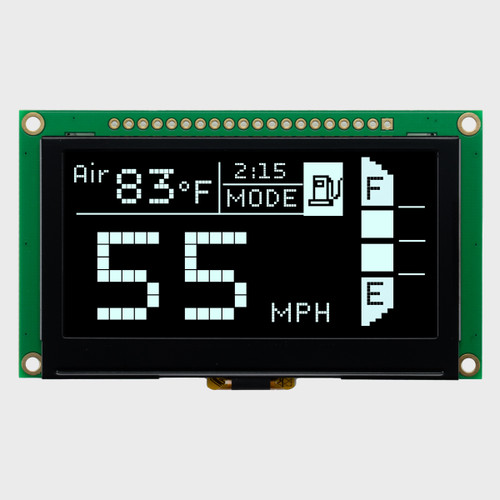 Front view of a 128x64 pixel monochrome white graphic OLED display on a green PCB showing a simple automotive instrument readout.