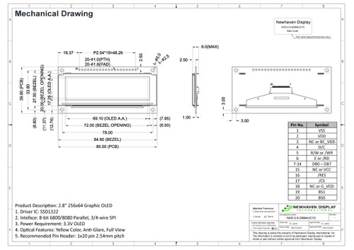 Drawing Specification for NHD-2.8-25664UCY2