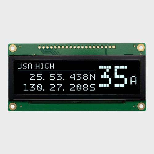 Front view of a 256x64 pixel monochrome blue graphic OLED display on a green PCB showing a simple informational readout.