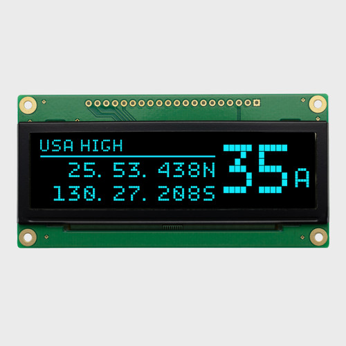 Front view of a 256x64 pixel monochrome blue graphic OLED display on a green PCB showing a simple informational readout.