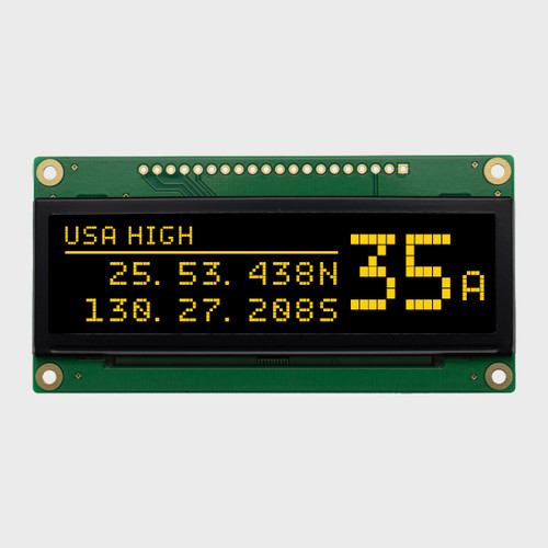 Front view of an OLED module with a 256x64 pixel display on a green PCB, showing a monochrome yellow information readout.