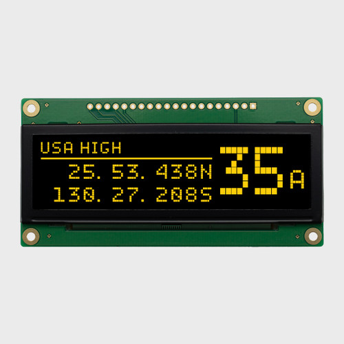 Front view of a 3.12 graphic OLED module with green PCB showing showing yellow 256x64 pixels.