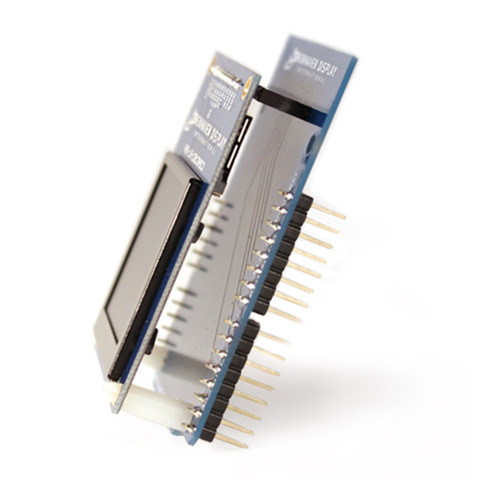 An angled side view of an Arduino shield with an integrated OLED display, showcasing its depth and connection pins.