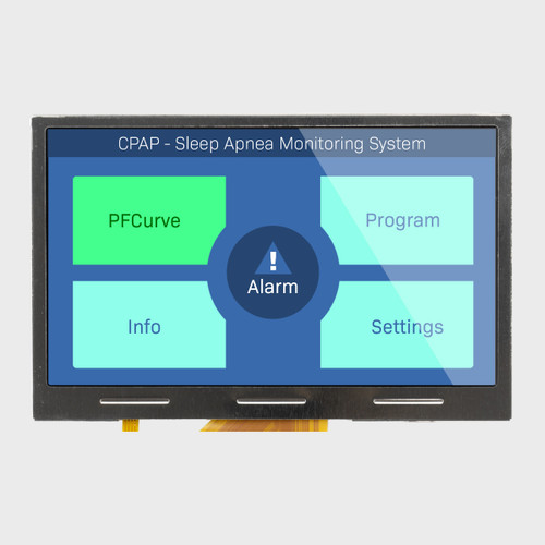 Front view of a 480x272 pixel TFT LCD showing a sleep apnea screen settings.