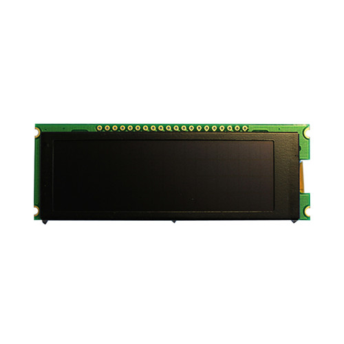 Front view of a 20x4 character slim OLED display module on a green PCB with an inactive black screen.