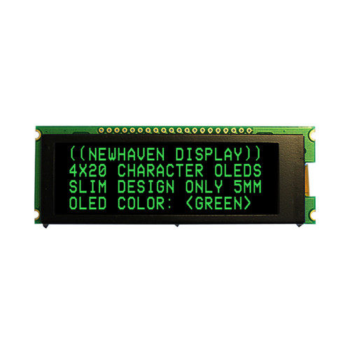 Front view of a 20x4 character slim OLED display module on a green PCB showing illuminated green text on a black background.