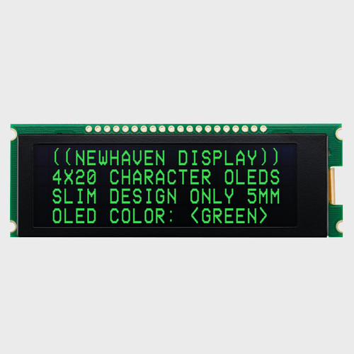 Front view of a 20x4 character slim OLED display module on a green PCB showing illuminated green text on a black background.