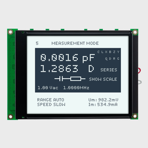 Front view of a 320x240 graphic LCD showing an information readout and diagram made of dark pixels on a backlit white background.