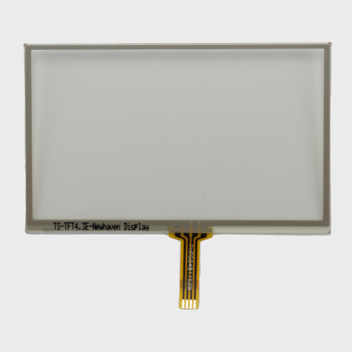 A clear 4.3-inch glass panel with a 1x4 FPC cable attached to the bottom, and a white label with the model (TS-TFT4.3E) number in black text.