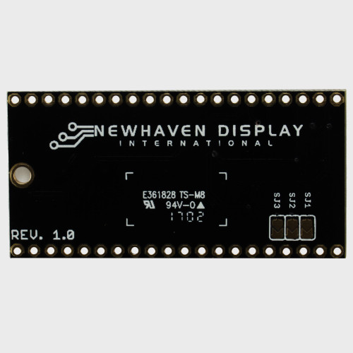 The front view of a black circuit board with rows of 20 thru-holes along the top and bottom edges.