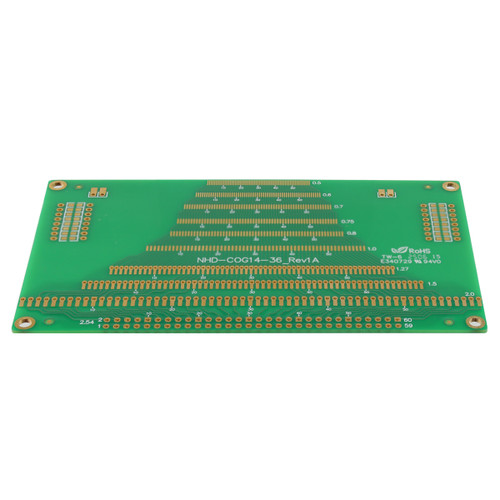An angled view of a green circuit board with rows of various pitch FFC solder pad connection points and 2x30 thru-holes, showcasing the board's profile.