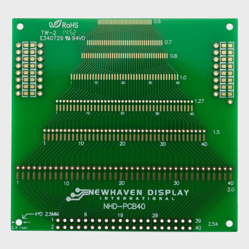 A green adapter circuit board with 2x40 thru-holes and SMD pads in seven different pitches.