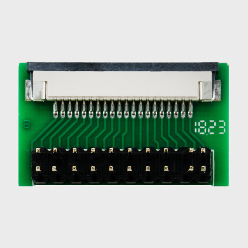 The front of a green circuit board with a 20-pin FFC connector and a 2x10 pin header.