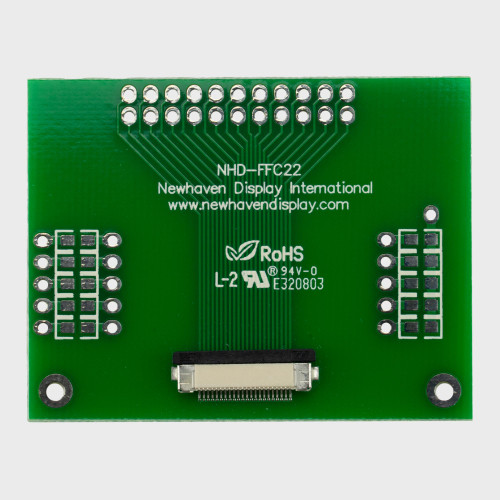 The front of a green circuit board with a 22-pin FFC connector and 2x11 thru-hole connection points.