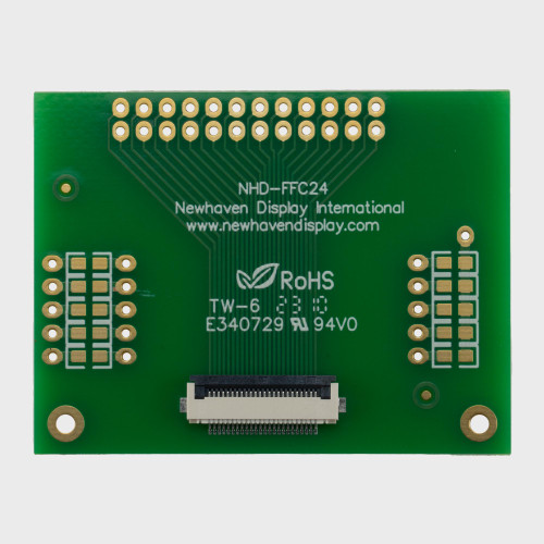 The front of a green circuit board with a 24-pin FFC connector and 2x12 thru-hole connection points.