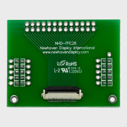 The front of a green circuit board with a 26-pin FFC connector and 2x13 thru-hole connection points.