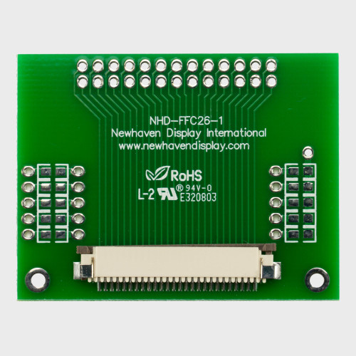 The front of a green circuit board with a 26-pin FFC connector and 2x13 thru-hole connection points.