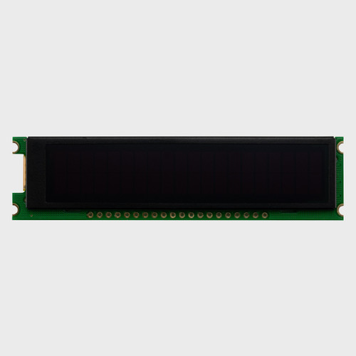 Front view of a 20x2 character slim OLED display module on a green PCB with an inactive black screen.