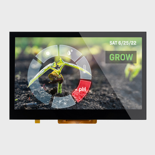 Front view of a bright 480 x 272 pixel IPS TFT LCD showing an agricultural analysis control screen with touch navigation buttons.