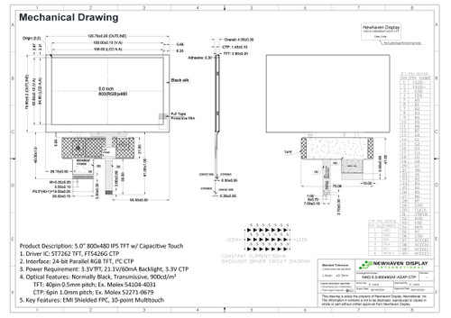 Desenho de especificação para NHD-5.0-800480AF-ASXP-CTP