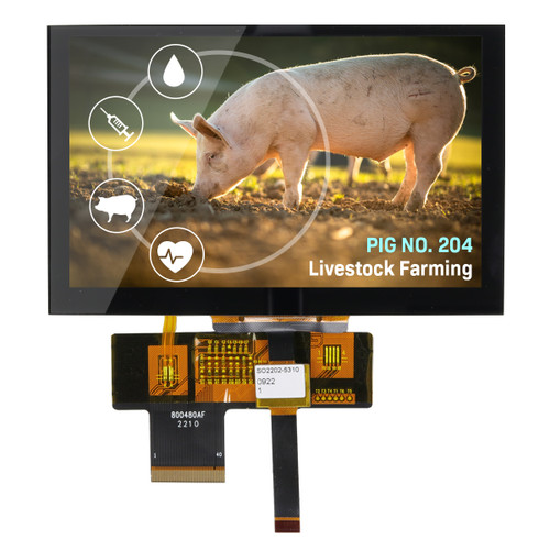 Front view of a bright 480 x 272 pixel IPS TFT LCD with attached 40-pin and 6-pin  touchscreen control FFCs showing an agricultural analysis control screen with touch navigation buttons.