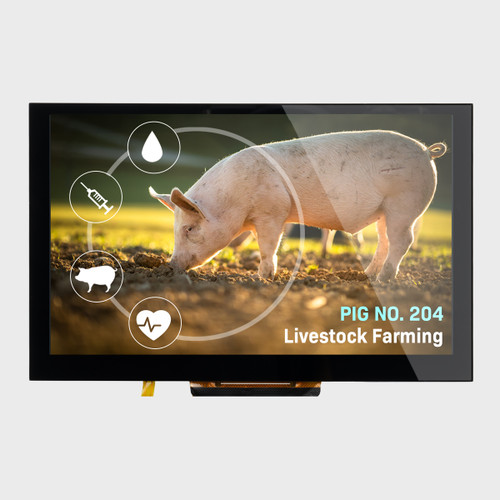 Front view of a bright 800x480 IPS TFT LCD showing a menu for a touch-controlled agriculture system.