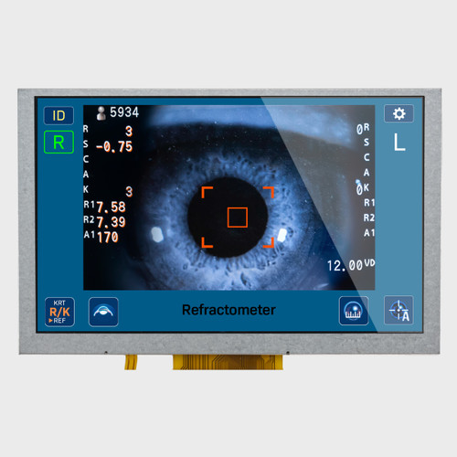 Front view of a bright 800x480 IPS TFT LCD showing a close-up image of an eye surrounded by medical diagnostic readouts.