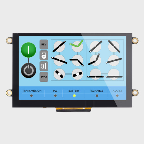 Front view of a bright 800x480 IPS TFT LCD with capacitive touchscreen and mounting holes showing an industrial control system on the screen.