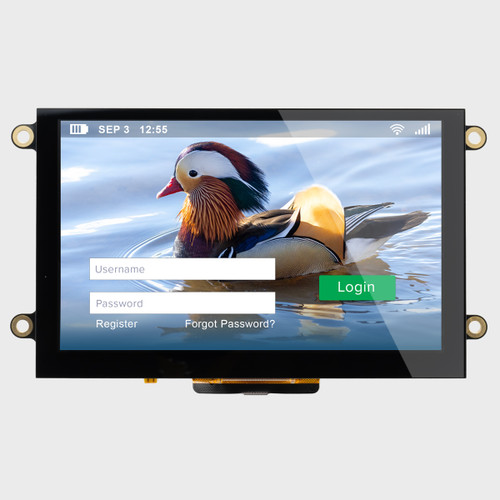 Front view of a bright 800x480 pixel IPS TFT LCD showing a touch-controlled login screen with an image of a bird as a background.