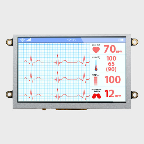 Front view of a bright 800x480 IPS TFT LCD module with mounting holes showing a medical vitals readout.