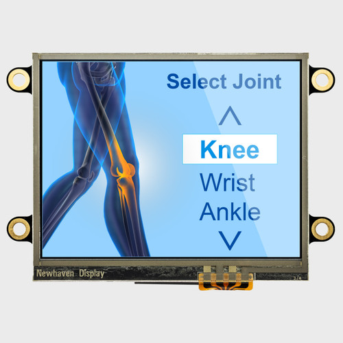 Vooraanzicht van een helder IPS TFT LCD-scherm van 320 x 240 pixels  met daarop de botten van een menselijk been en navigatieknoppen met touchscreen.