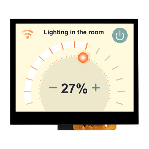 Front view of a bright 320x240 pixel IPS TFT LCD showing a smart home control screen featuring a touch-controlled slider and navigation buttons.