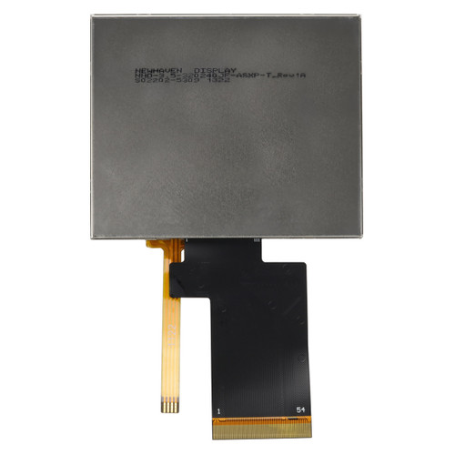 Flat silver backside of a TFT LCD with attached 54-pin FFC and 4-pin touchscreen control FFCs, and the model number (NHD-3.5-320240JF-ASXP-T) printed in black text.